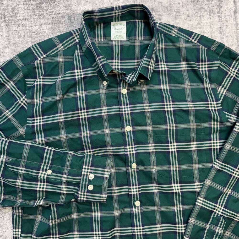 Brooks Brothers Shirt Mens Large Green Plaid Milano Fit Supima Cotton Non Iron